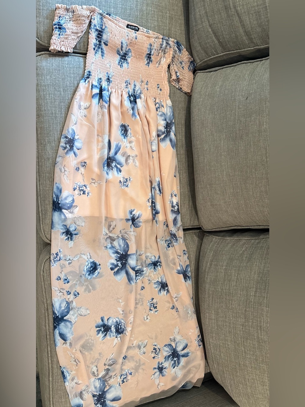 Peach Floral Smocked Dress with Blue Print
